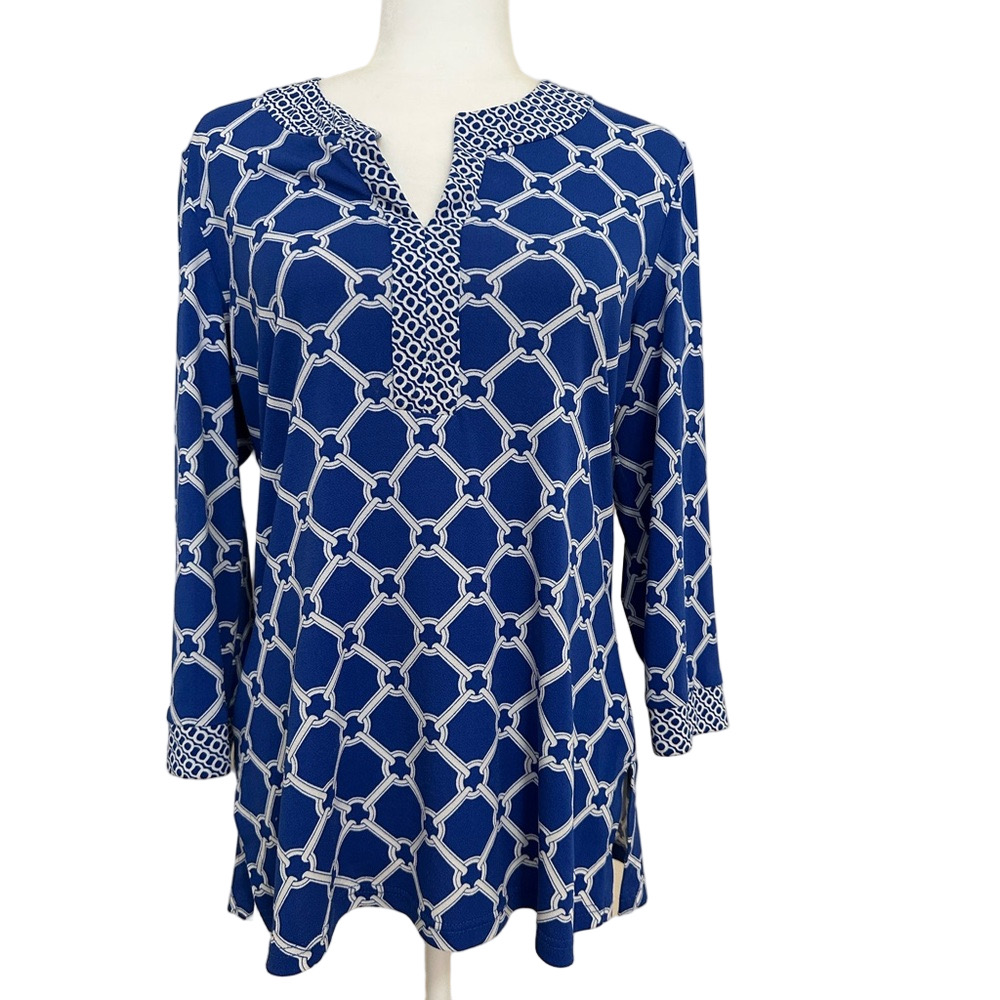 Peck & Peck Blue and White 3/4 Sleeve Geometric Women's Tunic